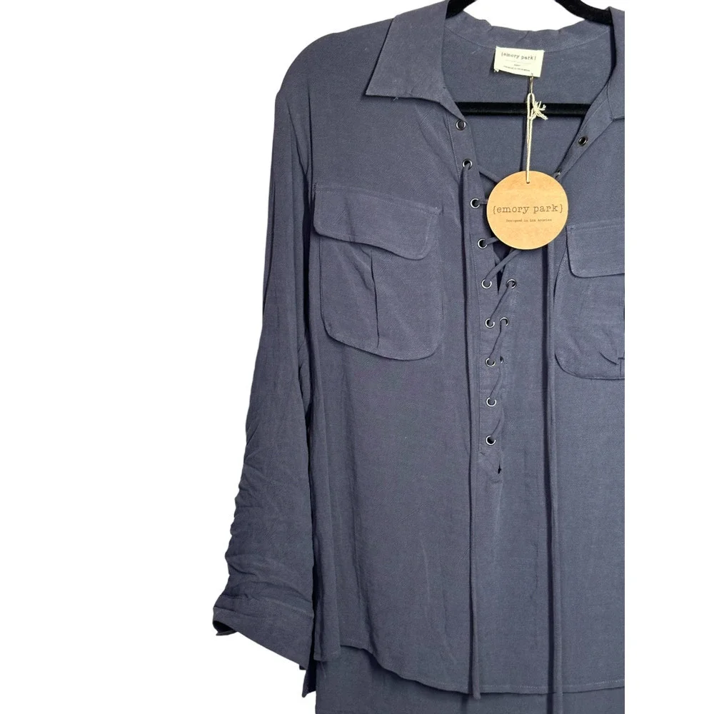 Emory Park New With Tags Roll Tab Sleeve Lace Up Blouse Linen Tunic Gray Size S